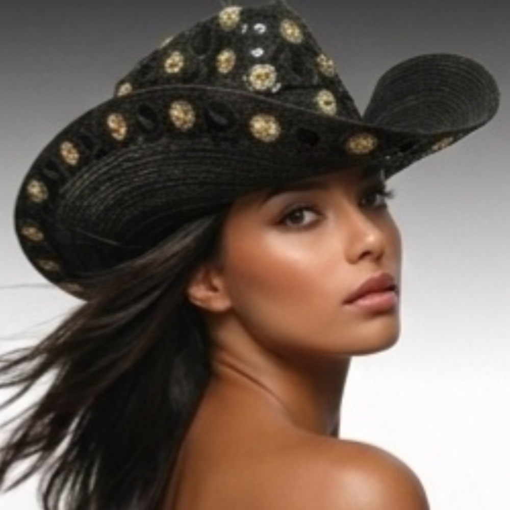 Beloved Millinery Couture Black Gold Jeweled Stoned Straw Cowboy Western Hat NWT